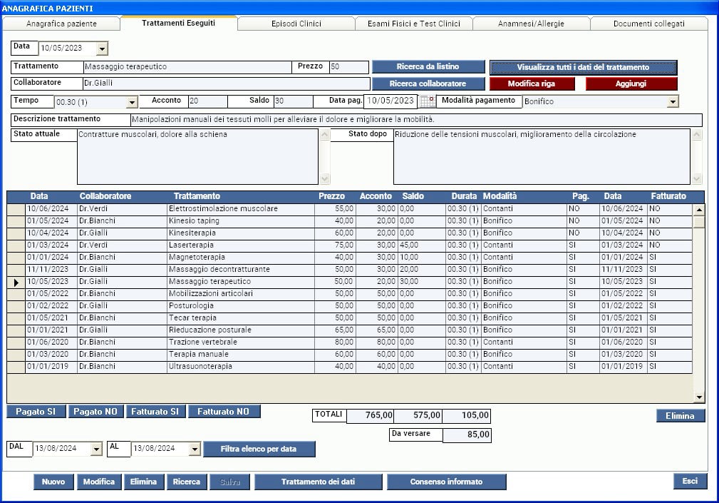 elenco dei trattamenti software studio fisioterapico